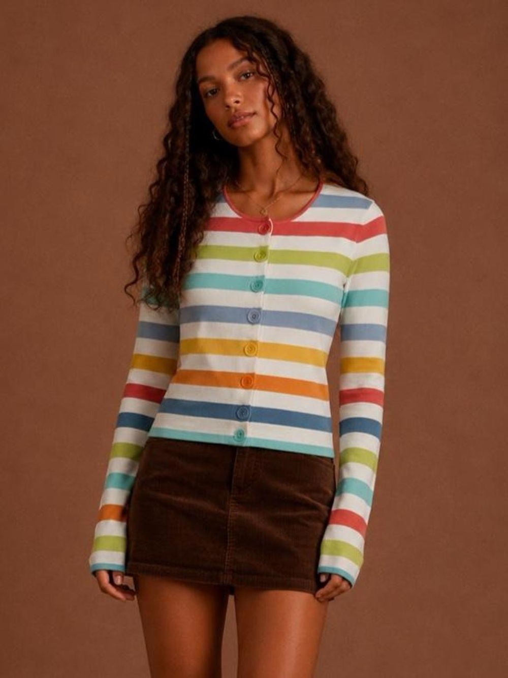 Vintage Striped Multi-Color Button-Up Long Sleeve Top